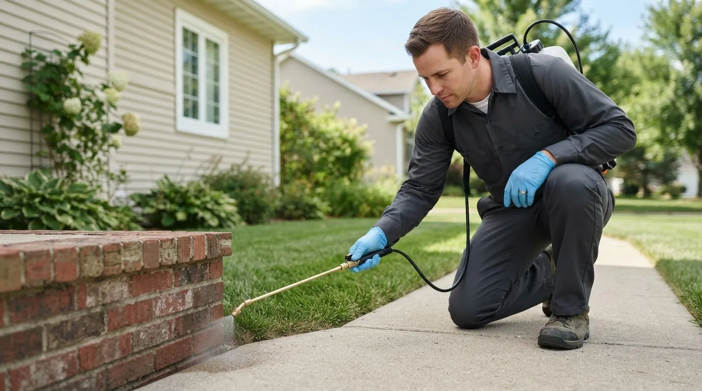 Pest control technician treating a home near El Indio, TX